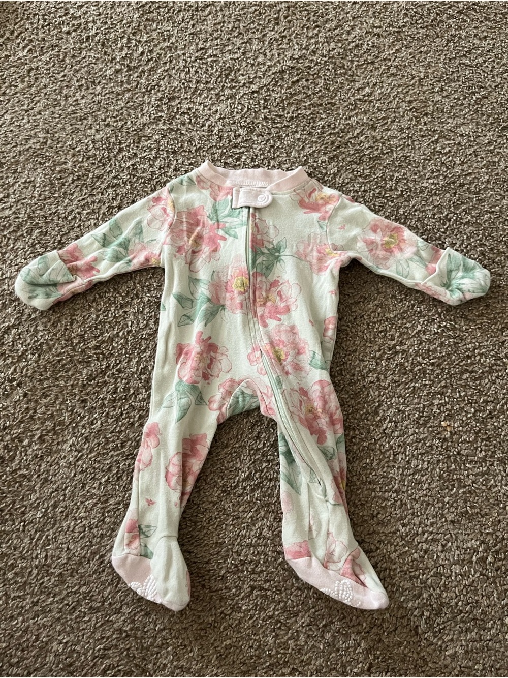 Burt’s Bees Floral Mint and Pink Infant One-Piece Footed Pajamas Newborn